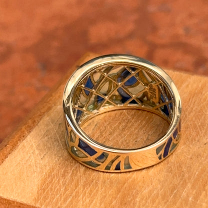 Estate 14KT Yellow Gold Blue Enamel Mosaic Band Ring