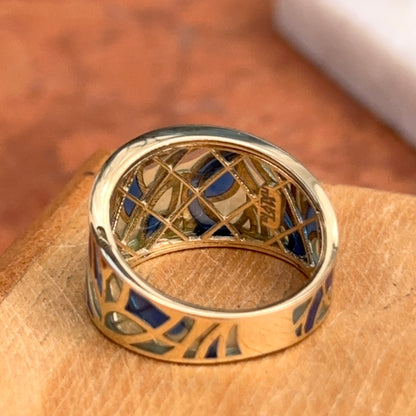 Estate 14KT Yellow Gold Blue Enamel Mosaic Band Ring