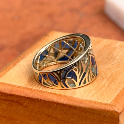 Estate 14KT Yellow Gold Blue Enamel Mosaic Band Ring
