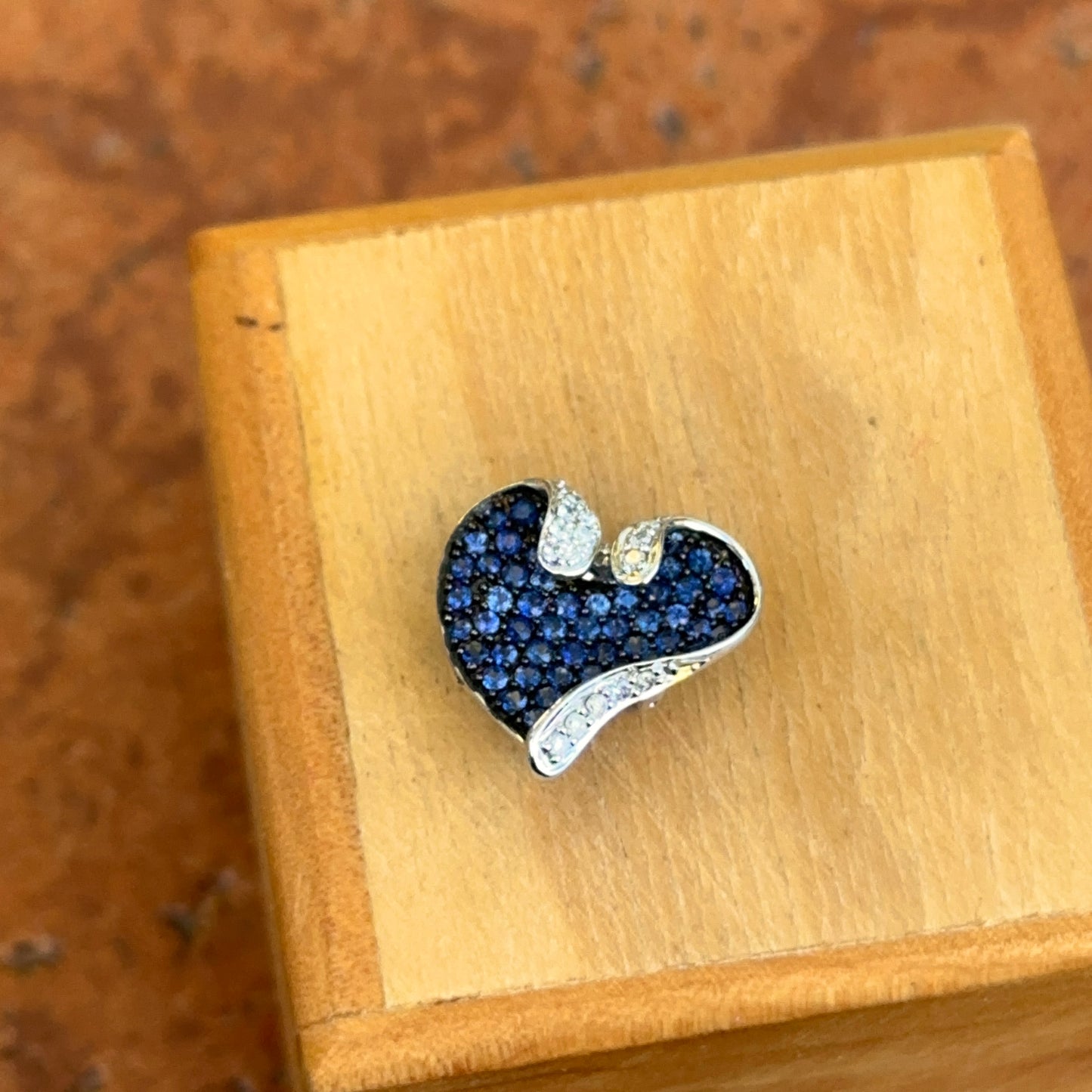Estate 14K White Gold Black Rhodium Plated Blue Sapphire + Diamond Pave Heart Pendant
