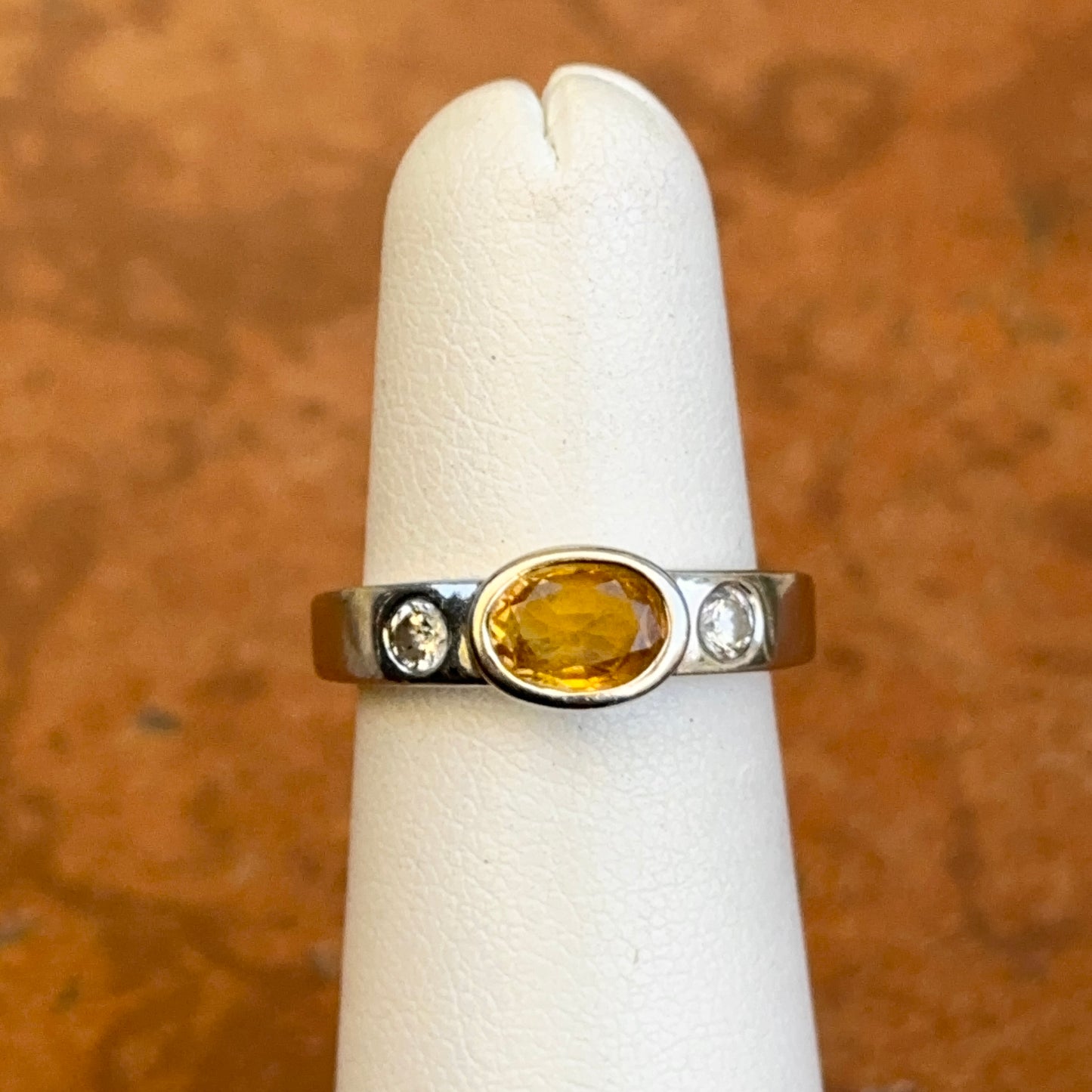 Estate 14KT White Gold Oval Yellow Sapphire + Round Diamond Ring