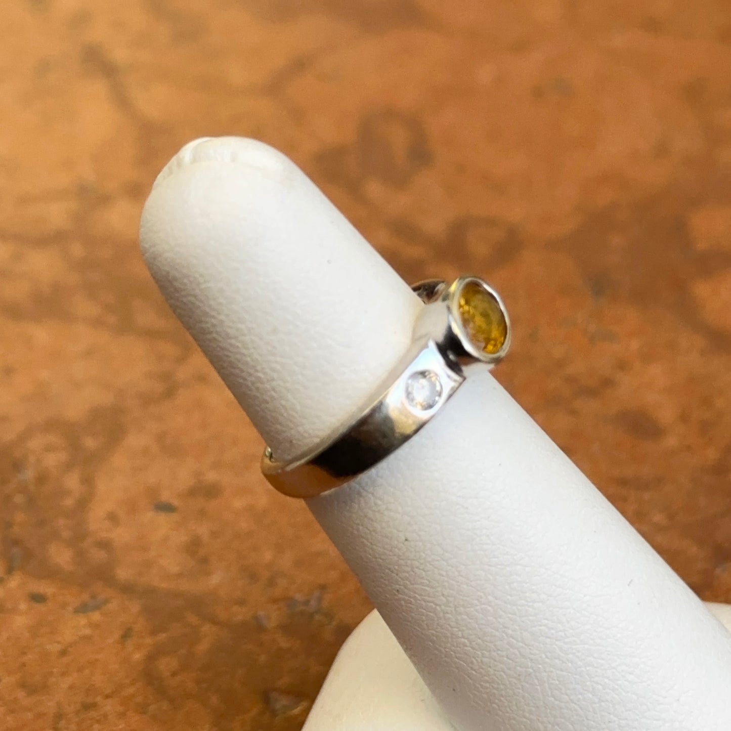 Estate 14KT White Gold Oval Yellow Sapphire + Round Diamond Ring