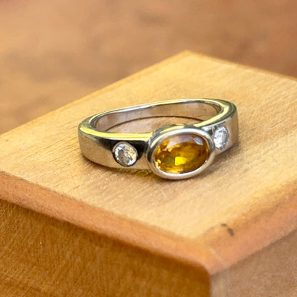 Estate 14KT White Gold Oval Yellow Sapphire + Round Diamond Ring
