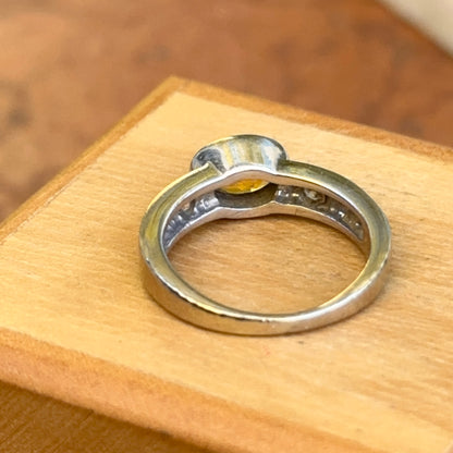 Estate 14KT White Gold Oval Yellow Sapphire + Round Diamond Ring