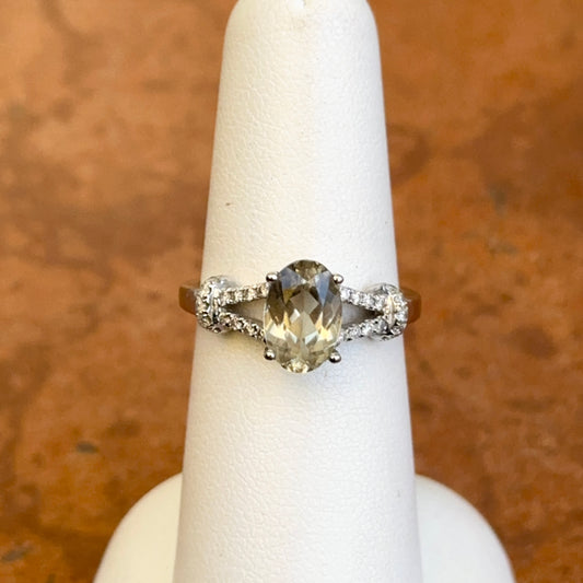 Estate 14KT White Gold Oval Prasiolite + Round Pave Diamond Ring