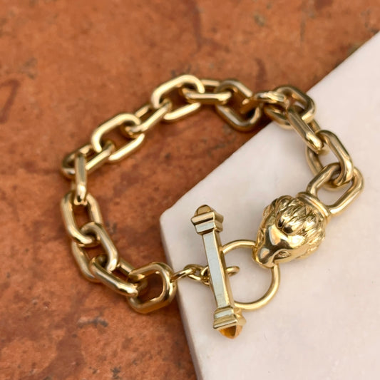 Estate 18KT Yellow Gold Lion Head + Citrine Toggle Chain Bracelet