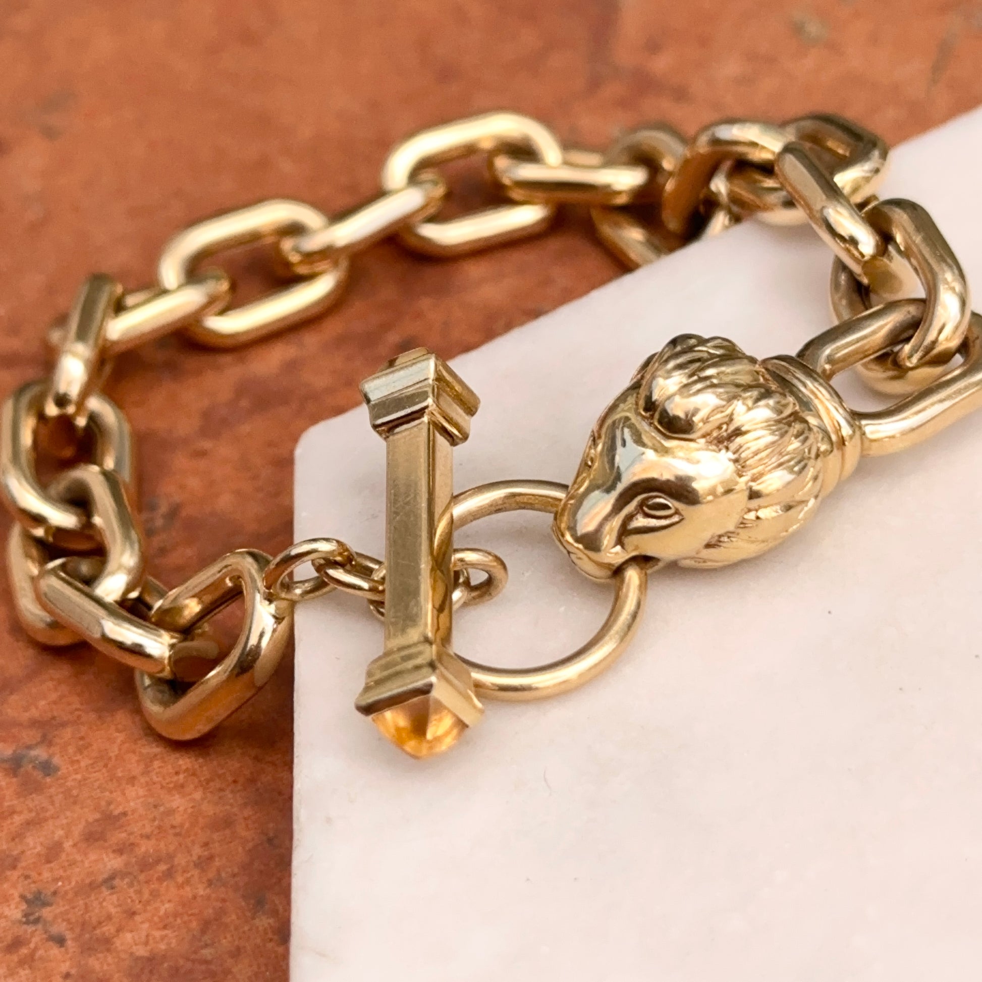 Estate 18KT Yellow Gold Lion Head + Citrine Toggle Chain Bracelet - LSJ