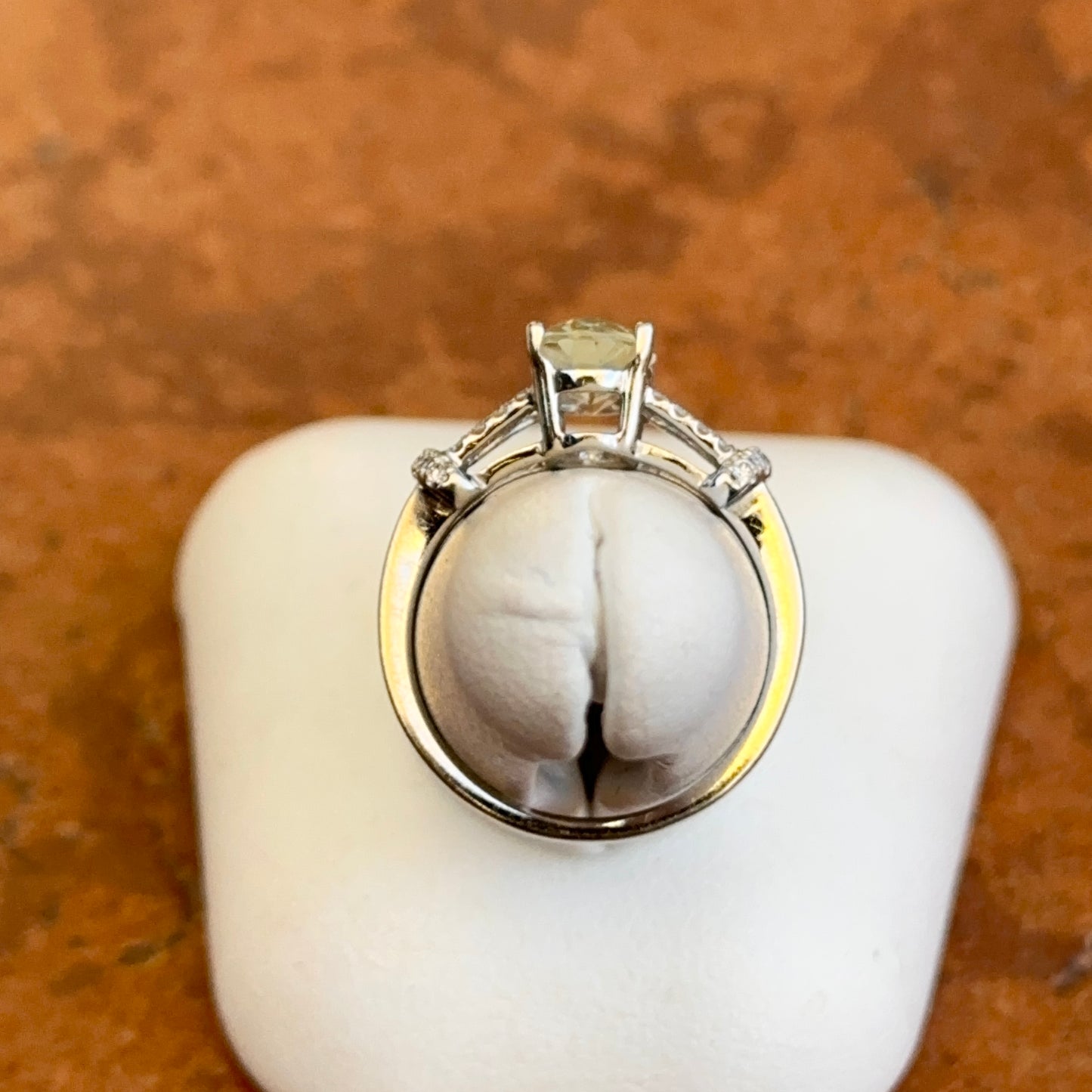 Estate 14KT White Gold Oval Prasiolite + Round Pave Diamond Ring