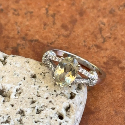 Estate 14KT White Gold Oval Prasiolite + Round Pave Diamond Ring