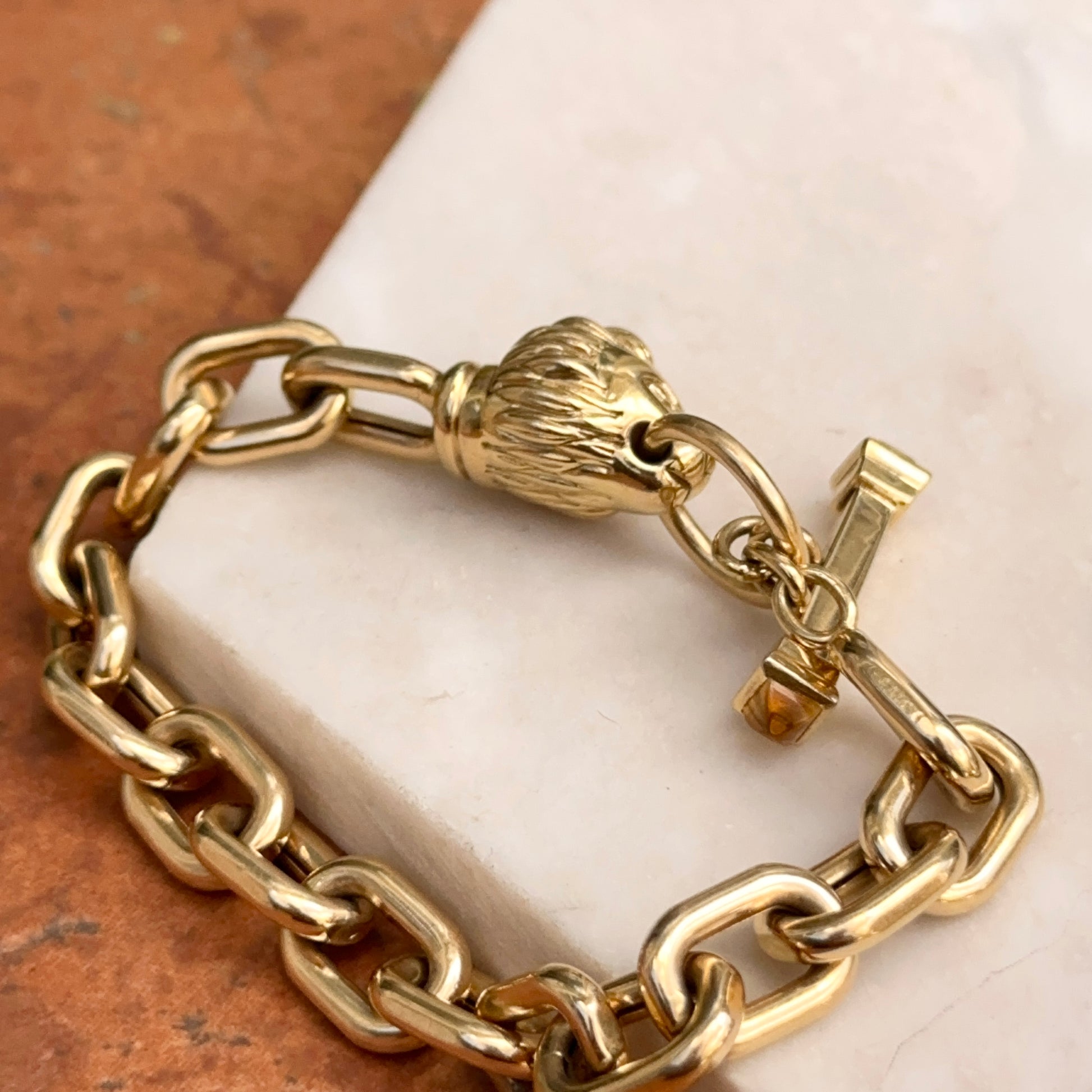 Estate 18KT Yellow Gold Lion Head + Citrine Toggle Chain Bracelet - LSJ