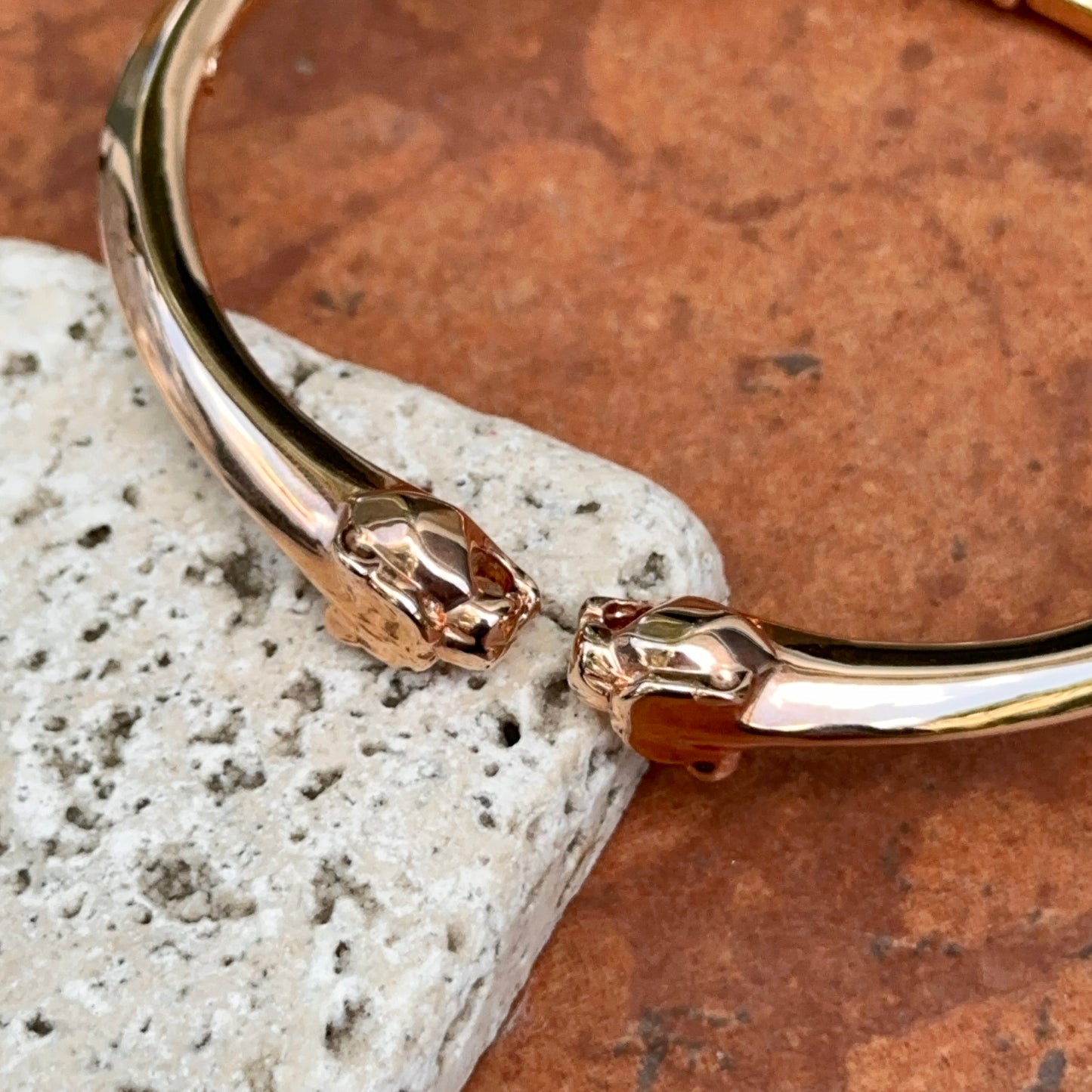 Estate 18KT Rose Gold Double Panther Head Cuff Bangle Bracelet