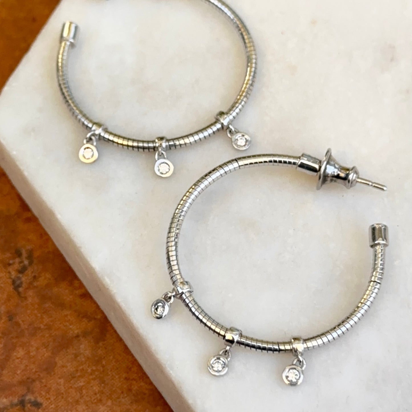Estate Sterling Silver Wire Hoop Earrings + Small Round Bezel Diamond Dangles
