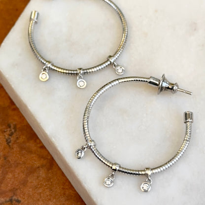 Estate Sterling Silver Wire Hoop Earrings + Small Round Bezel Diamond Dangles