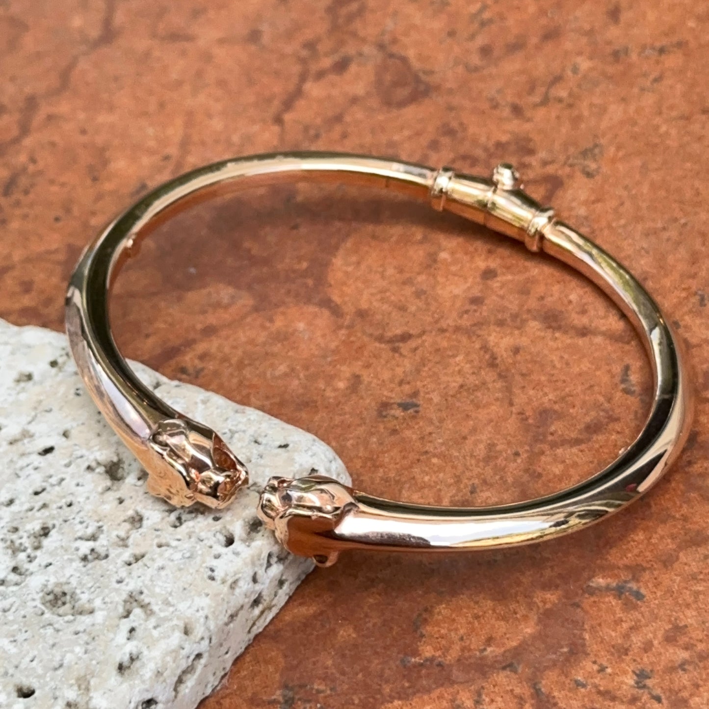 Estate 18KT Rose Gold Double Panther Head Cuff Bangle Bracelet