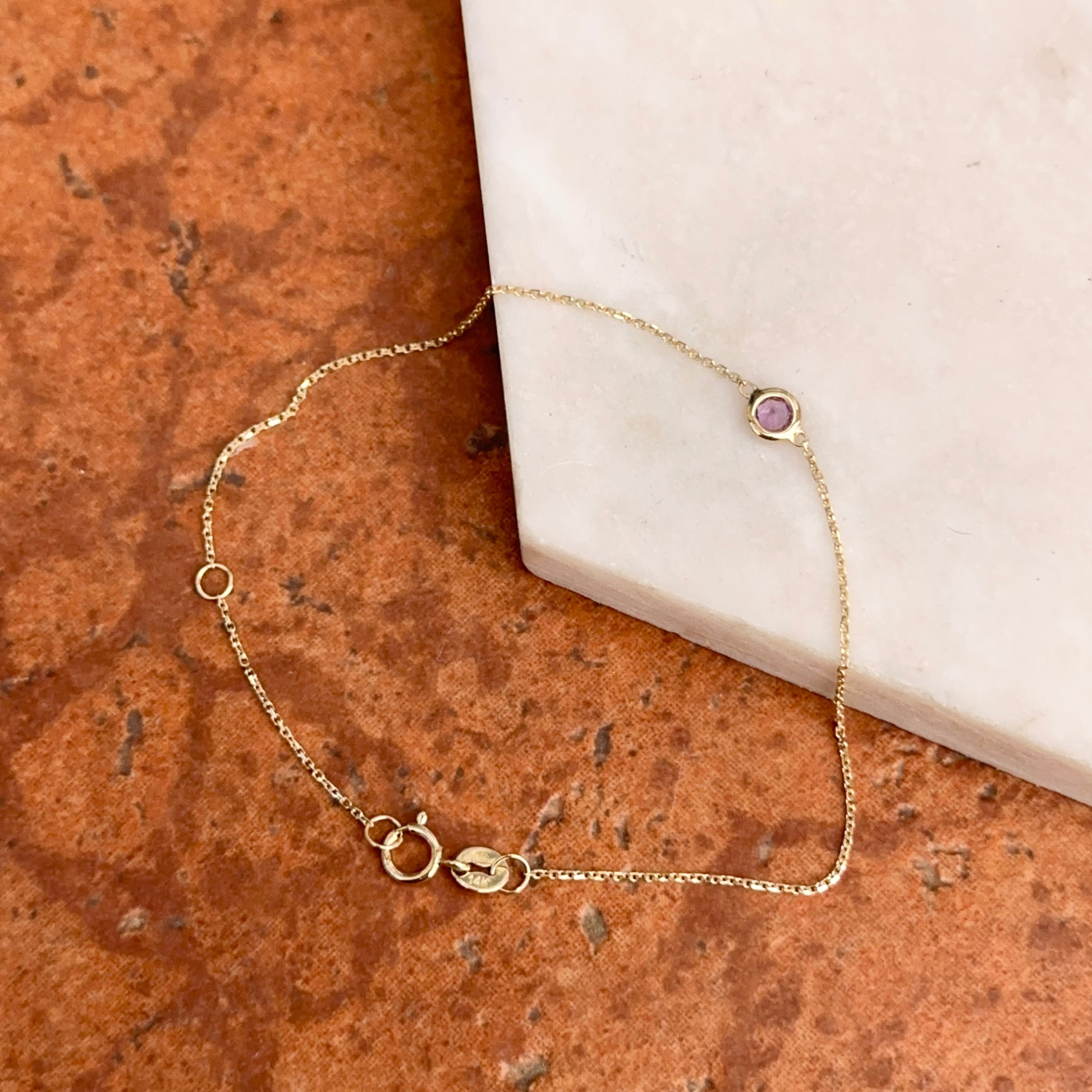 14KT Yellow Gold Bezel Amethyst Chain Bracelet - LSJ