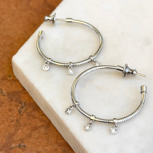 Estate Sterling Silver Wire Hoop Earrings + Small Round Bezel Diamond Dangles