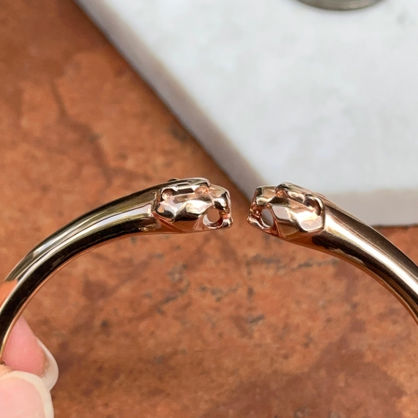 Estate 18KT Rose Gold Double Panther Head Cuff Bangle Bracelet