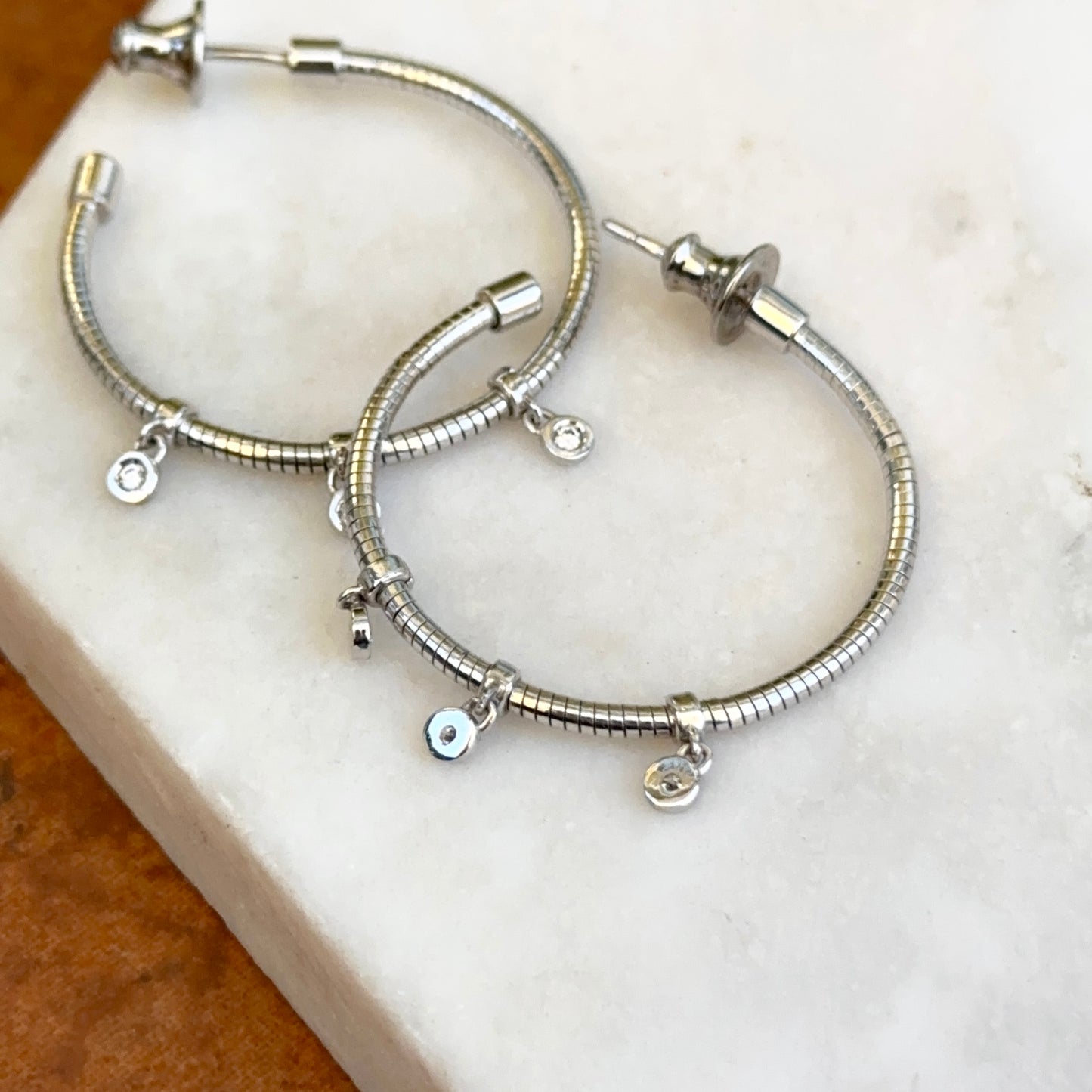 Estate Sterling Silver Wire Hoop Earrings + Small Round Bezel Diamond Dangles
