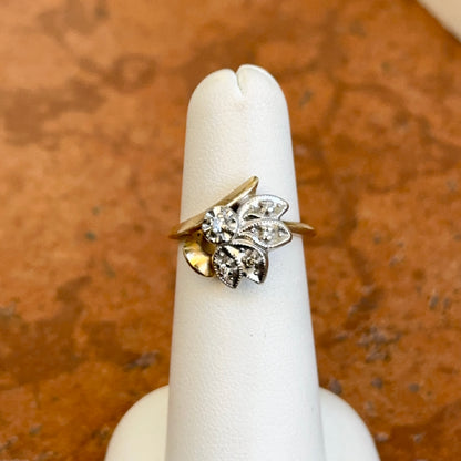 Estate 14KT Yellow + White Gold Round Diamond Leaf Style Ring
