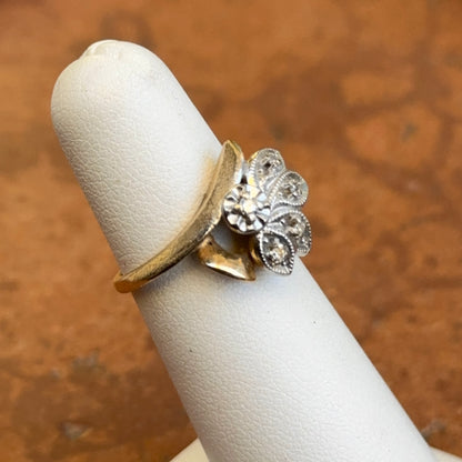 Estate 14KT Yellow + White Gold Round Diamond Leaf Style Ring