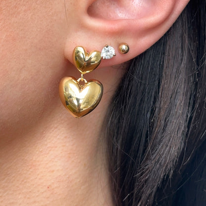 Yellow Gold-Plated Puffed Double Hearts Drop Earrings