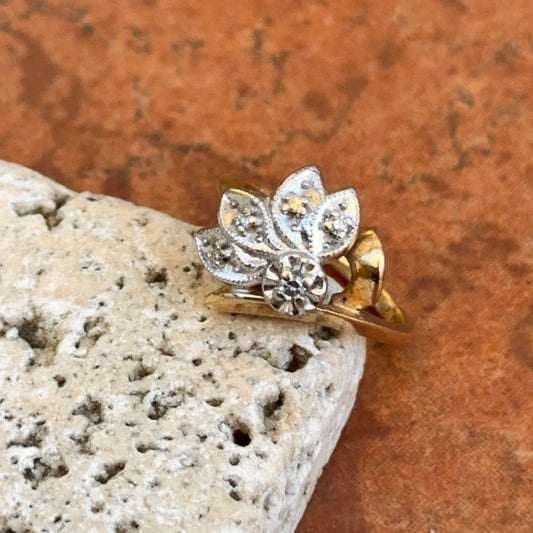 Estate 14KT Yellow + White Gold Round Diamond Leaf Style Ring