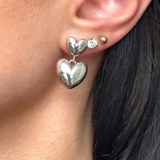 Sterling Silver Puffed Double Hearts Drop Earrings