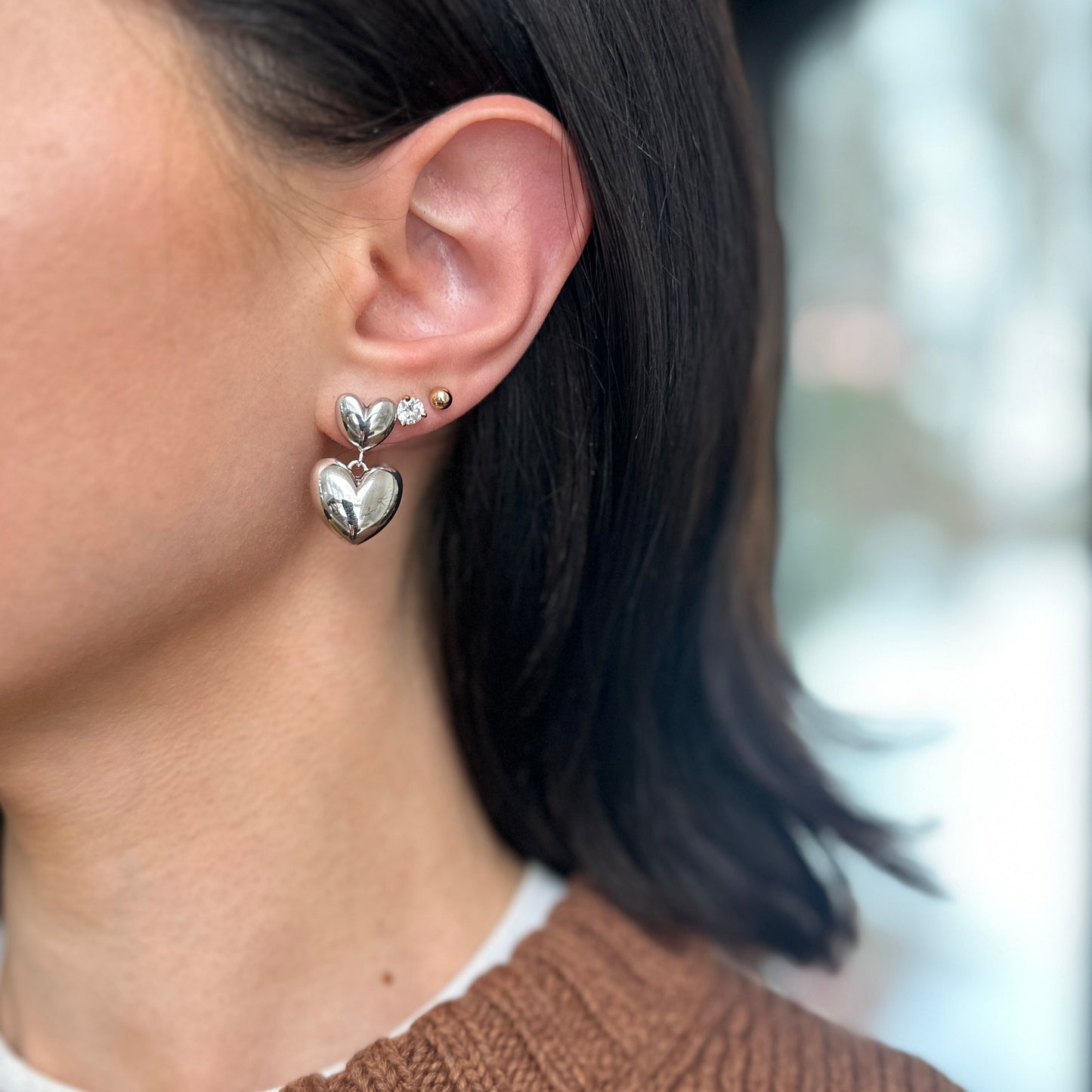 Sterling Silver Puffed Double Hearts Drop Earrings