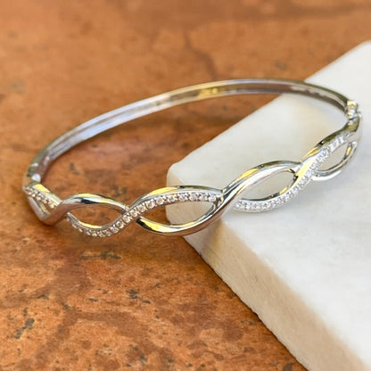 Estate 18KT White Gold Round Diamond Infinity Style Hinged Bracelet + Safety