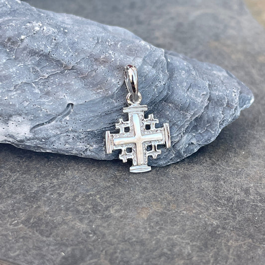 14KT White Gold Antiqued Jerusalem Crusader Cross Pendant 15mm
