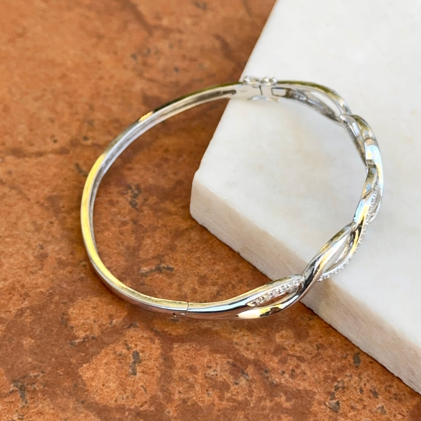 Estate 18KT White Gold Round Diamond Infinity Style Hinged Bracelet + Safety