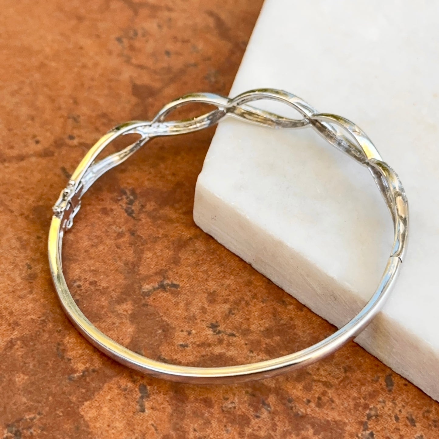 Estate 18KT White Gold Round Diamond Infinity Style Hinged Bracelet + Safety