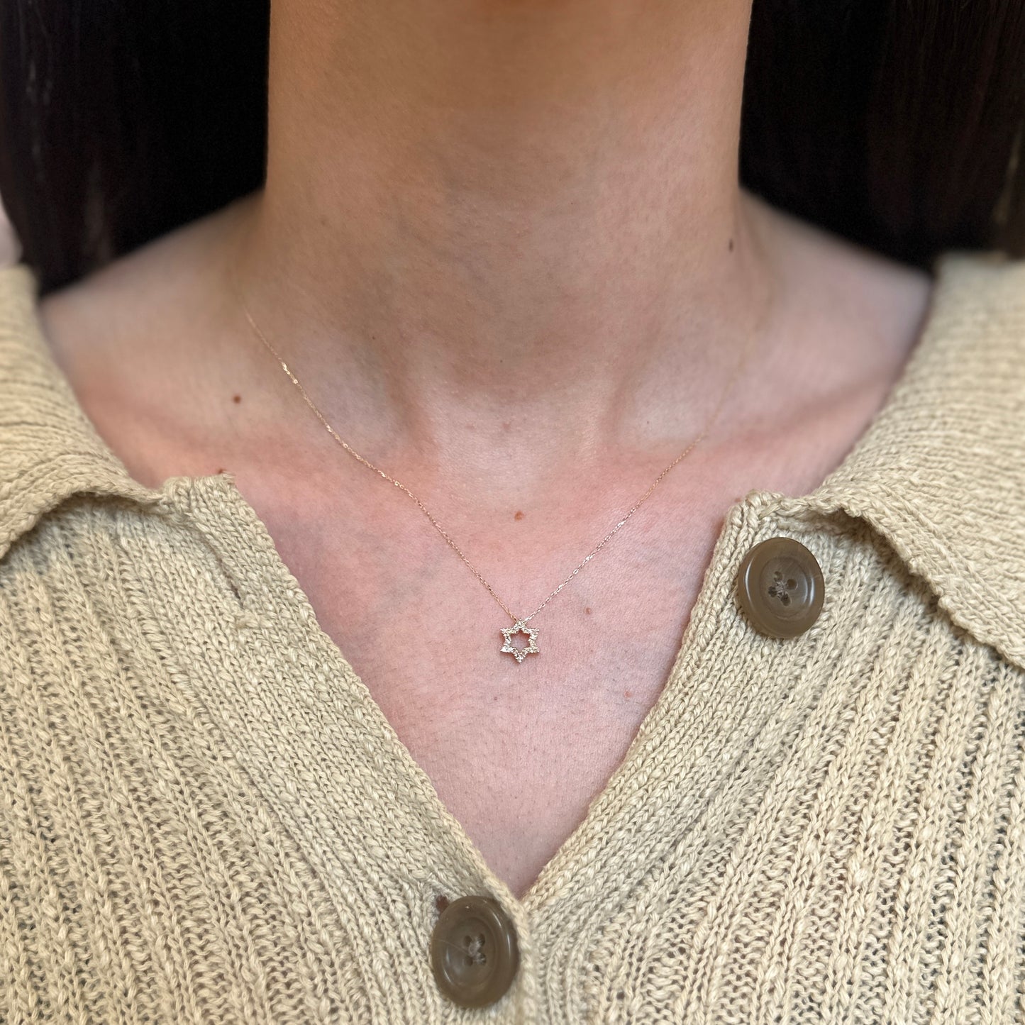 14KT Yellow Gold Small Pave Diamond Star of David Pendant Necklace