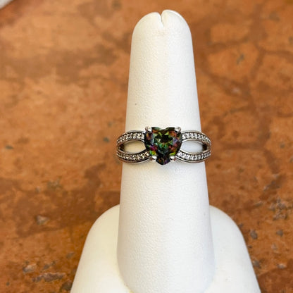 Estate Silver Heart Mystic Topaz + Round Cubic Zirconia Ring