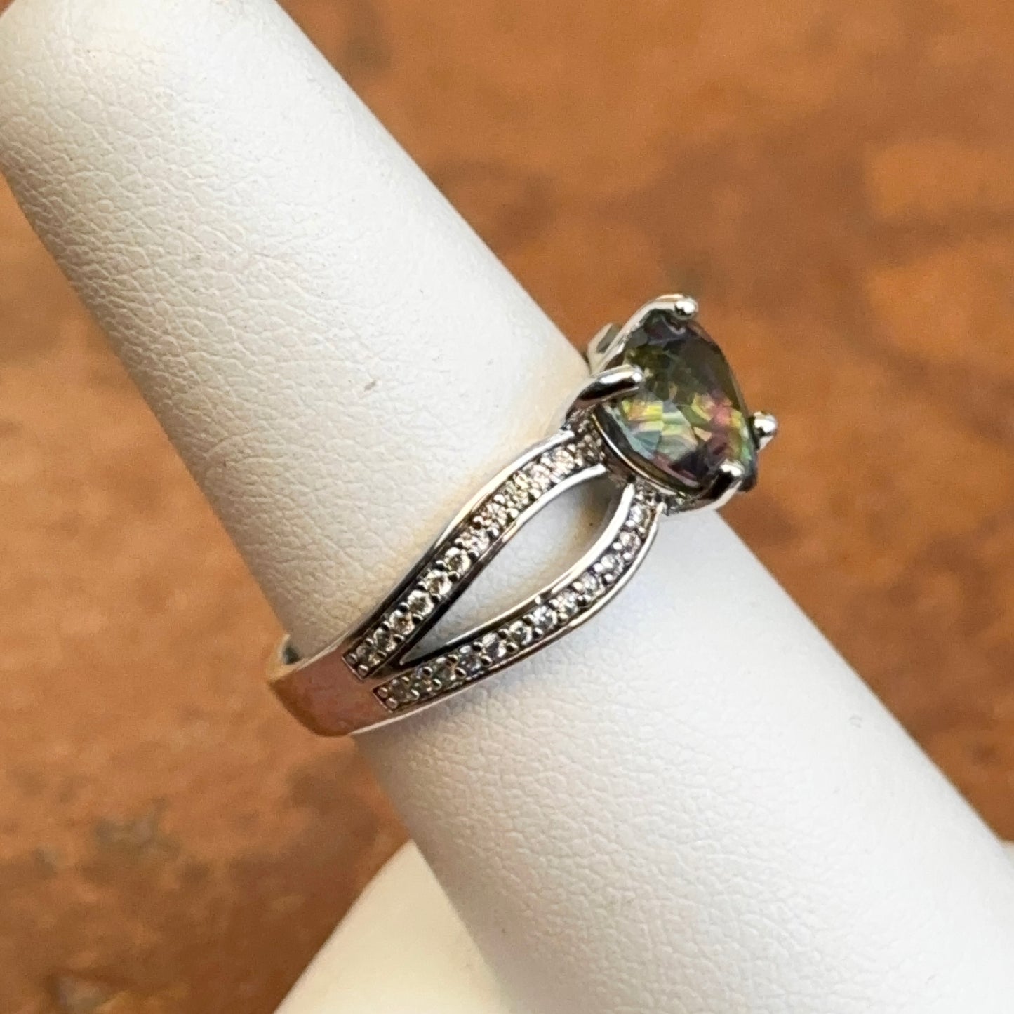 Estate Silver Heart Mystic Topaz + Round Cubic Zirconia Ring