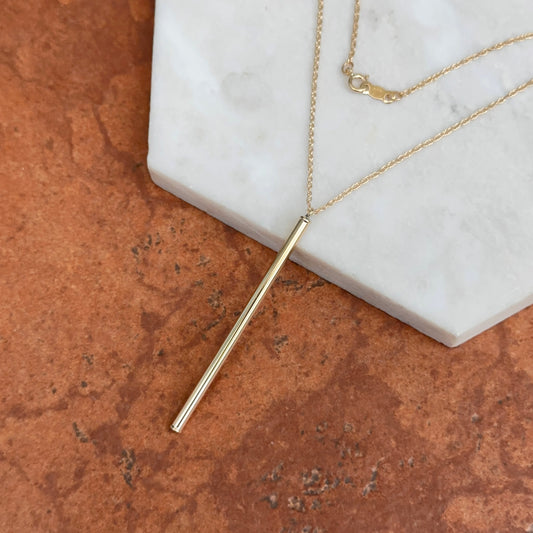 14KT Yellow Gold Long Bar Pendant Chain Necklace