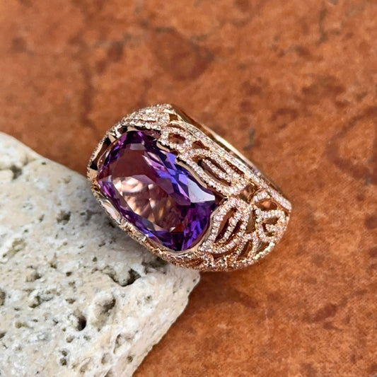 Estate 14KT Rose Gold Radian Amethyst + Diamond Filigree Ring