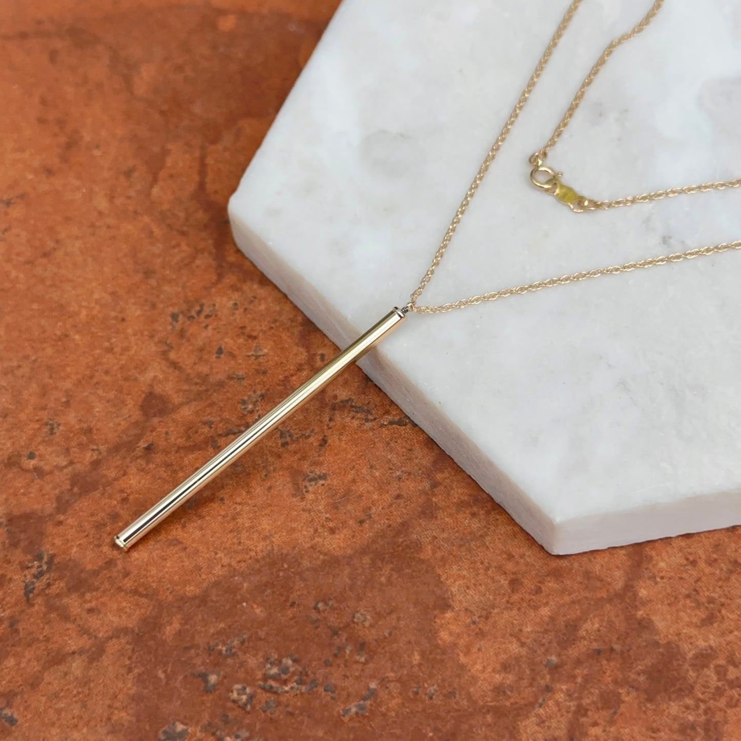 14KT Yellow Gold Long Bar Pendant Chain Necklace