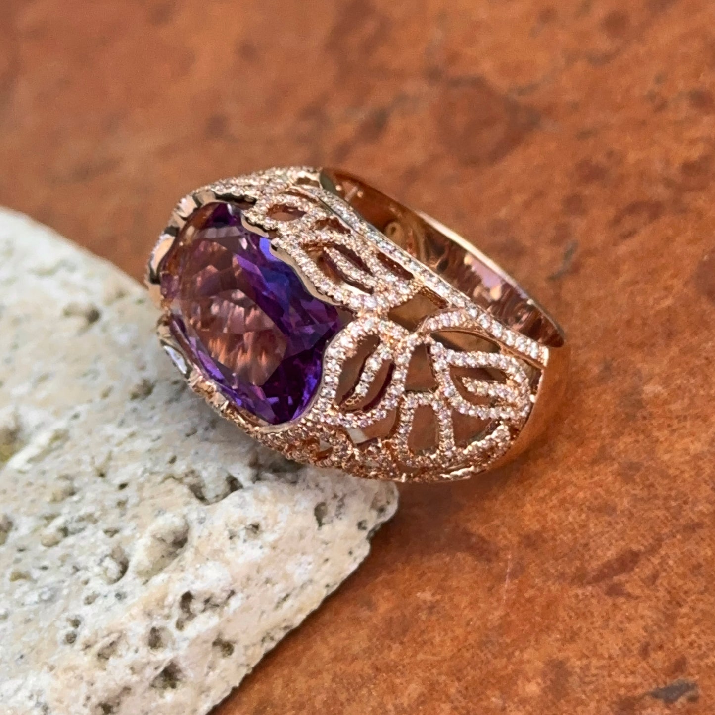 Estate 14KT Rose Gold Radian Amethyst + Diamond Filigree Ring