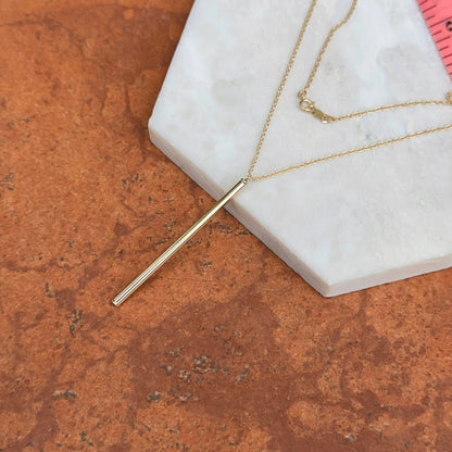 14KT Yellow Gold Long Bar Pendant Chain Necklace