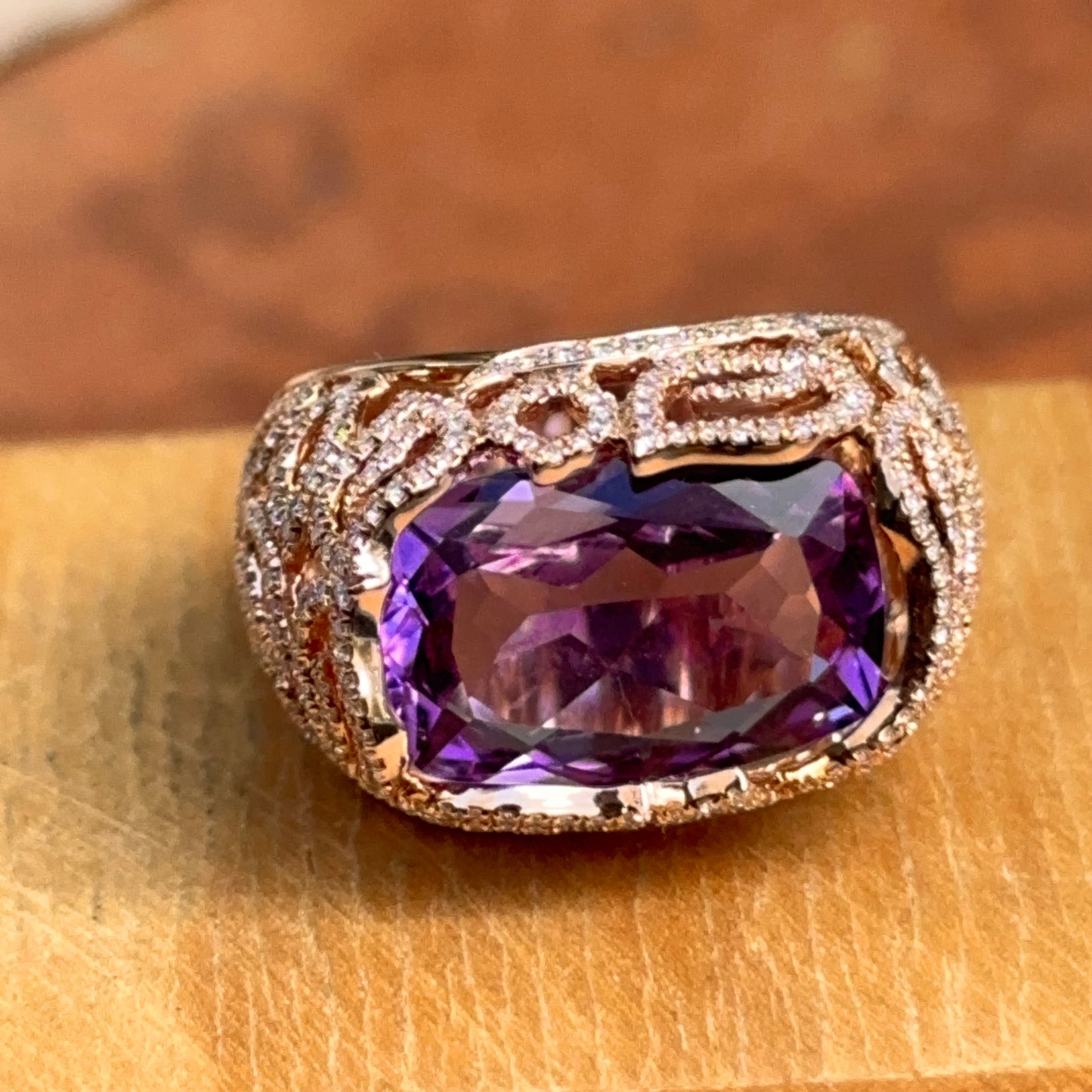 Estate 14KT Rose Gold Radian Amethyst + Diamond Filigree Ring