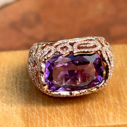 Estate 14KT Rose Gold Radian Amethyst + Diamond Filigree Ring