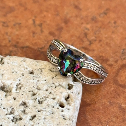 Estate Silver Heart Mystic Topaz + Round Cubic Zirconia Ring