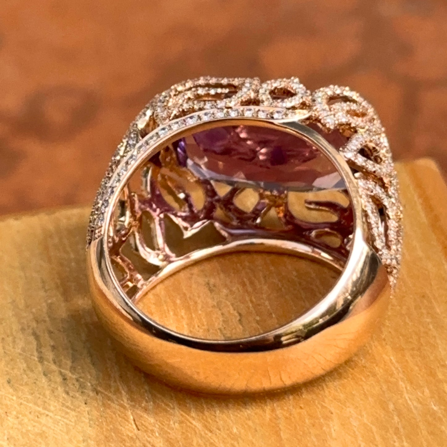 Estate 14KT Rose Gold Radian Amethyst + Diamond Filigree Ring