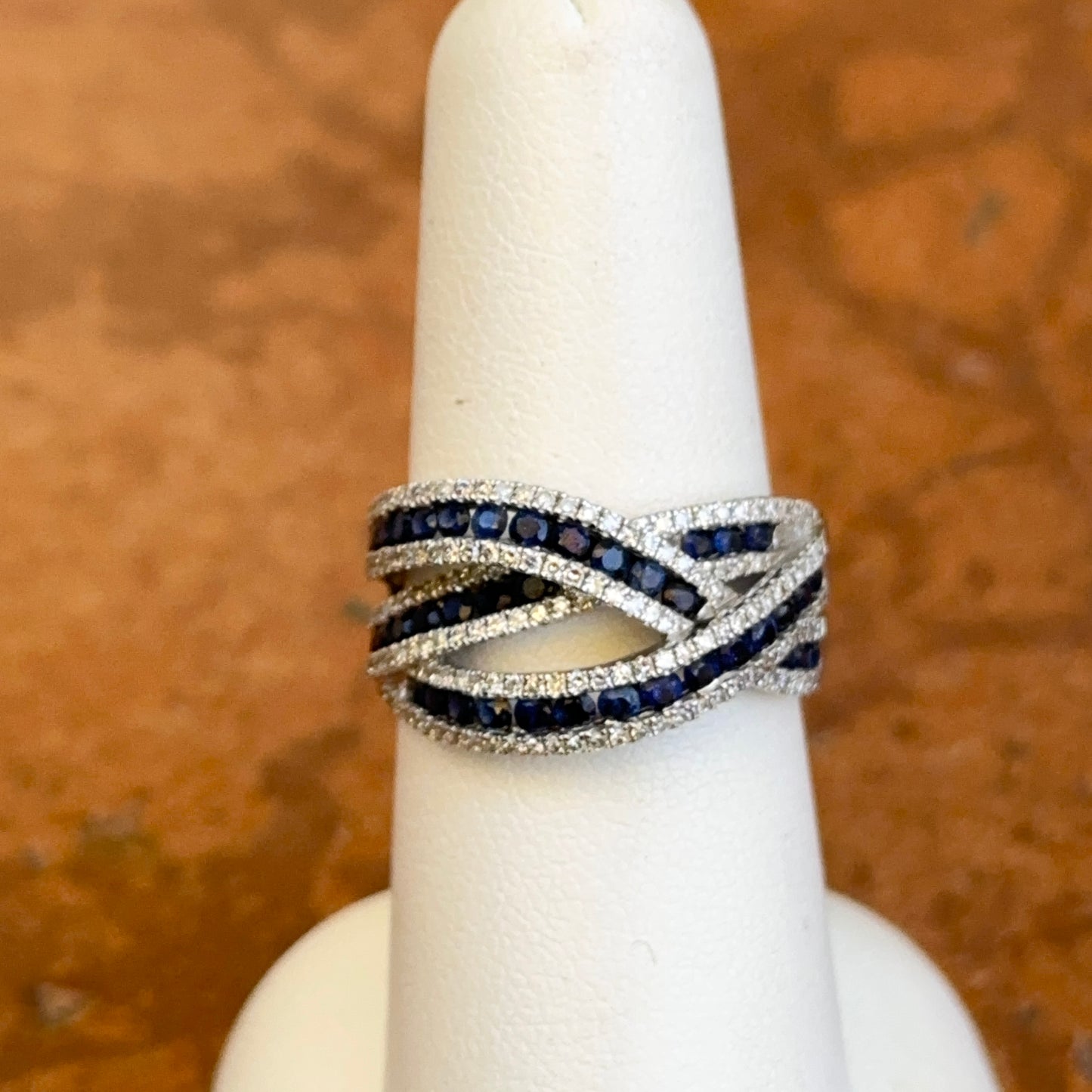 Estate 14KT White Gold Round Blue Sapphire & Diamond Effy Freeform Ring