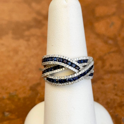 Estate 14KT White Gold Round Blue Sapphire & Diamond Effy Freeform Ring