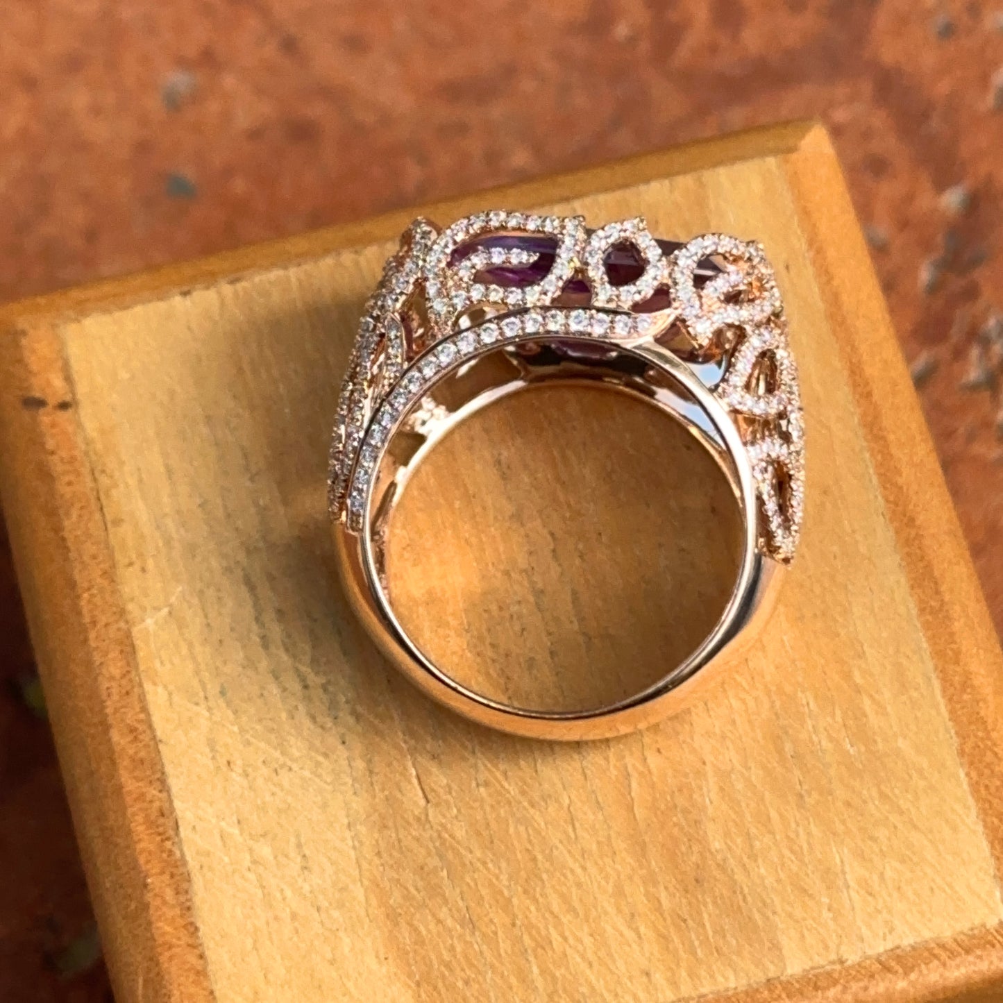 Estate 14KT Rose Gold Radian Amethyst + Diamond Filigree Ring