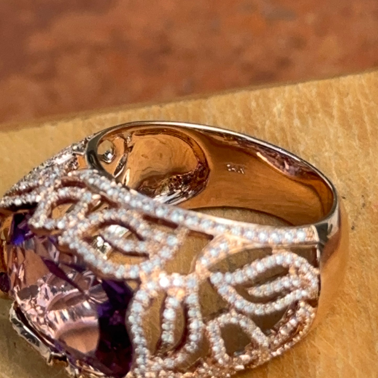 Estate 14KT Rose Gold Radian Amethyst + Diamond Filigree Ring