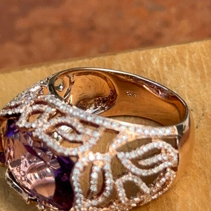Estate 14KT Rose Gold Radian Amethyst + Diamond Filigree Ring