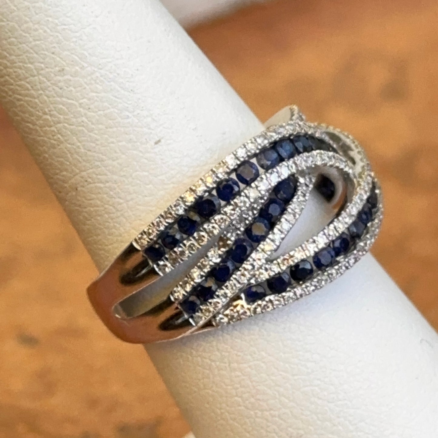 Estate 14KT White Gold Round Blue Sapphire & Diamond Effy Freeform Ring